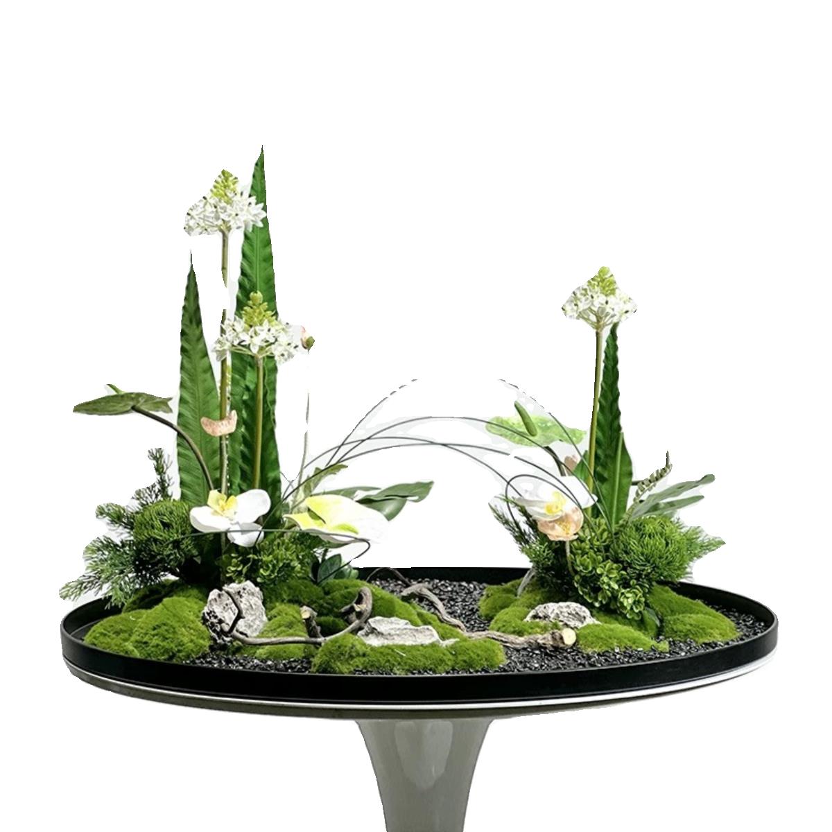 酒店餐桌永生苔藓花艺造景现代创意转盘桌花摆件