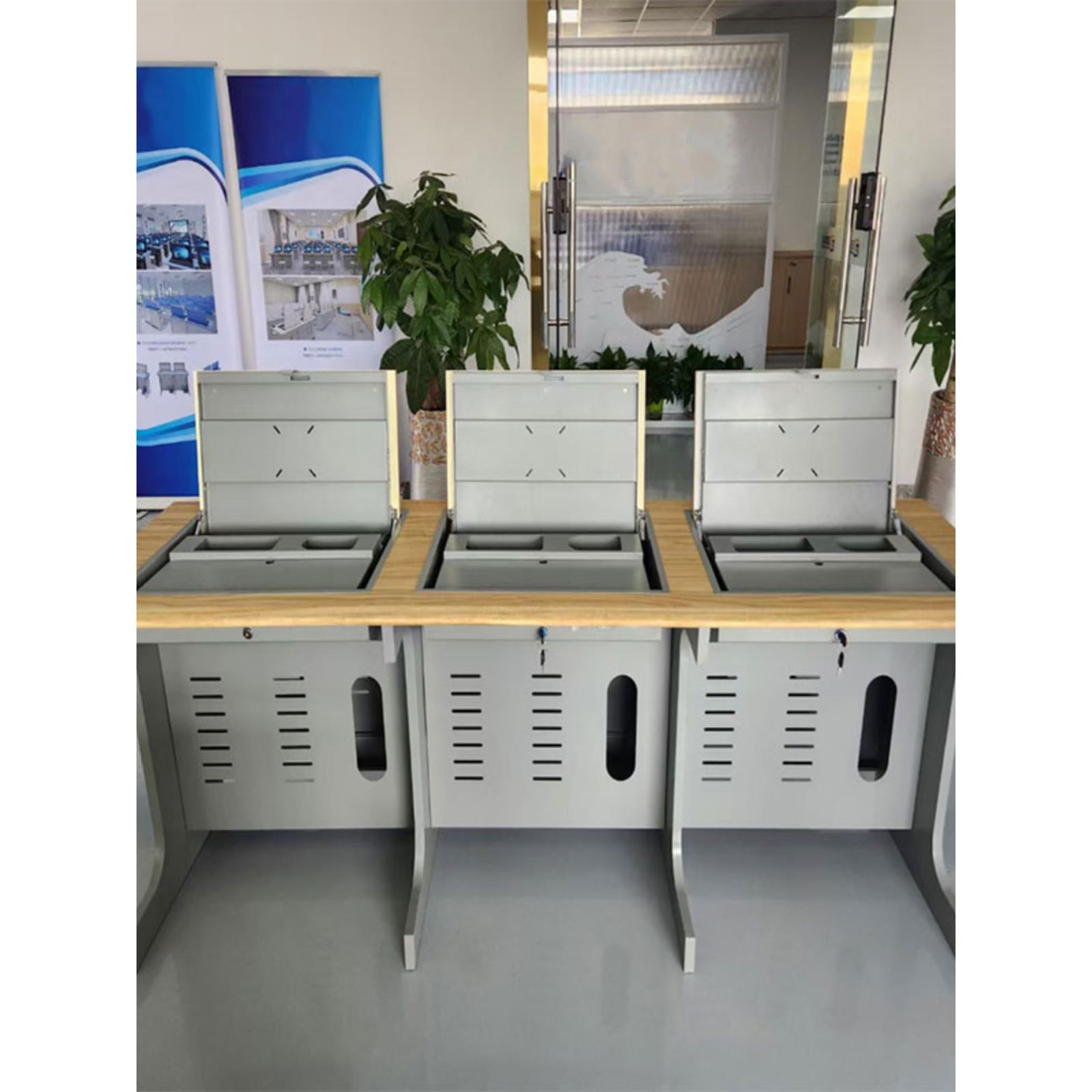 翻转电脑桌单双人培训桌钢制翻转办公桌学校部队多媒体教室显示桌