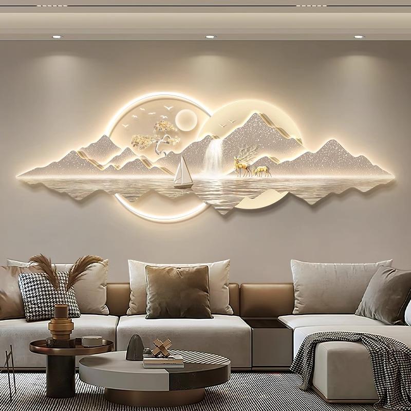 带灯山水画现代轻奢客厅LED装饰画大气沙发背景墙灯画高级感壁画
