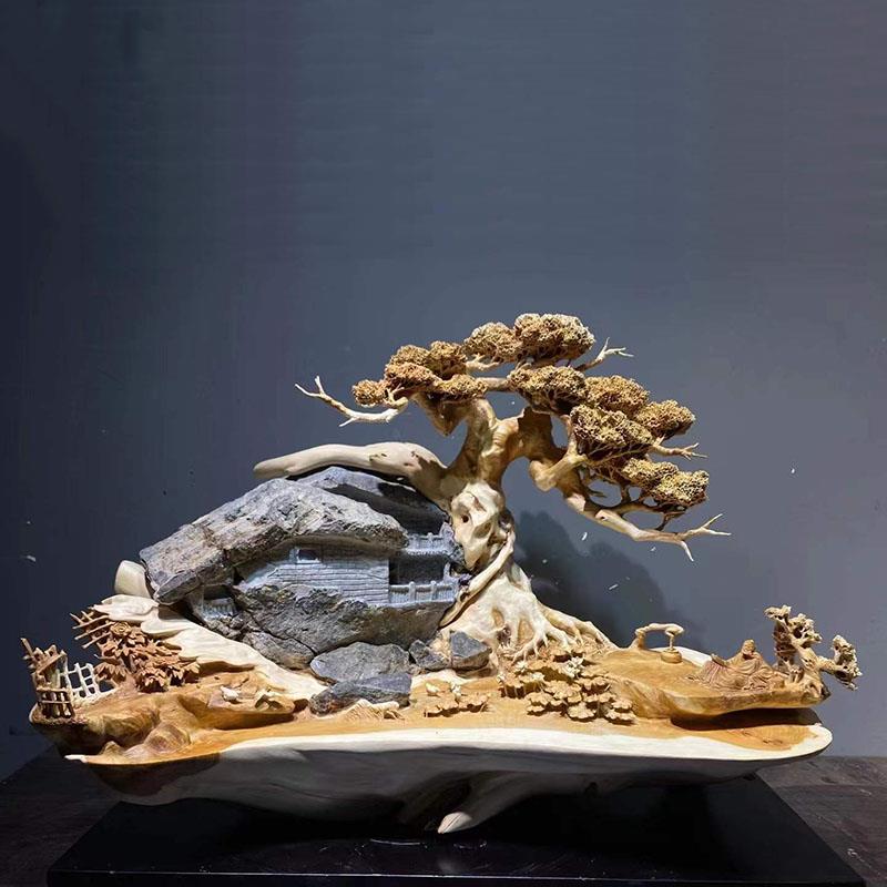 崖柏玄关新中式禅意雕刻摆件家居木雕根雕工艺品抱石山里人家人物