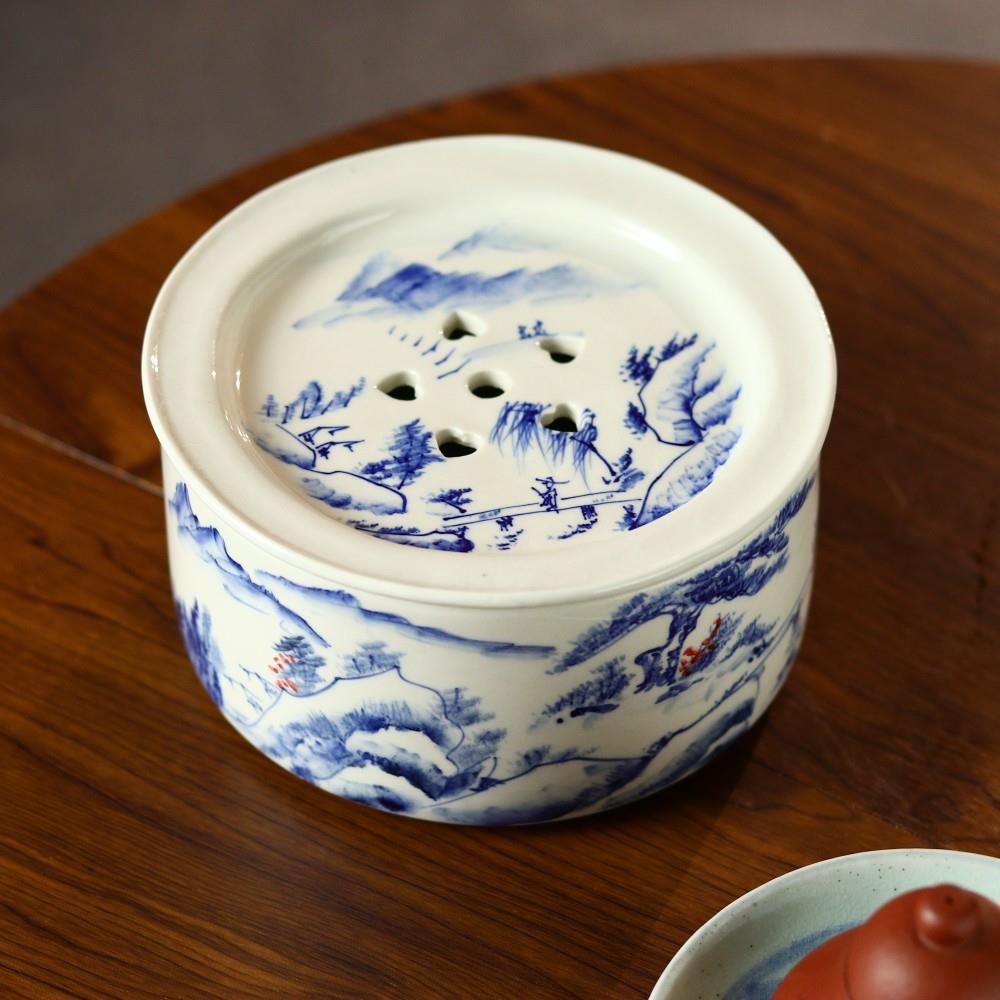 潮汕茶盘手绘青花山水纹茶船中式圆形家用茶池建水壶承功夫茶具
