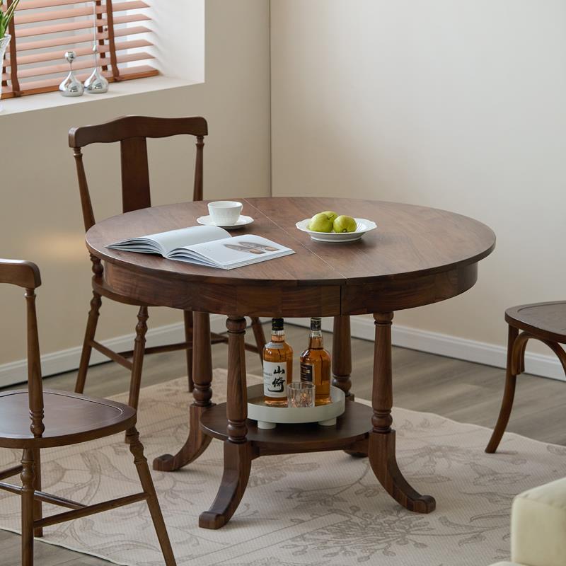 黑胡桃木小户型法式覆古可拉伸多功能餐桌现代简约晚晴伸缩圆桌