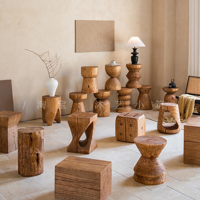 中古实木墩子复古边几原木花架侘寂风茶几摆件根民宿矮凳换鞋凳