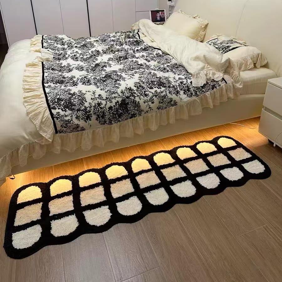 黑白格子地毯卧室床边毯高级感ins风脚垫主卧毛绒地垫床前小地毯