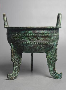 彷古青铜器商代三足圆鼎扁足鼎古代食器煮锅覆古装饰工艺品收藏