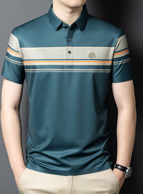 男士短袖t恤翻领冰丝宽松2025夏季新款中年体恤polo衫上衣爸爸装