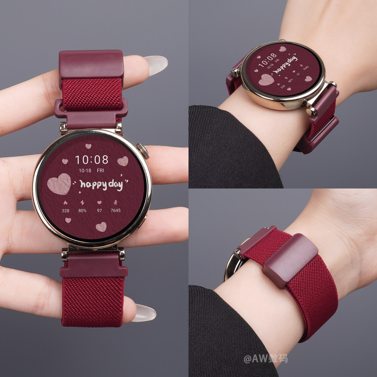 适用华为gt6表带gt5手表带watch5女款gt4尼龙编织酒红色腕带gt3高级FIT4智能运动男FIT3秋冬新款磁吸替换带