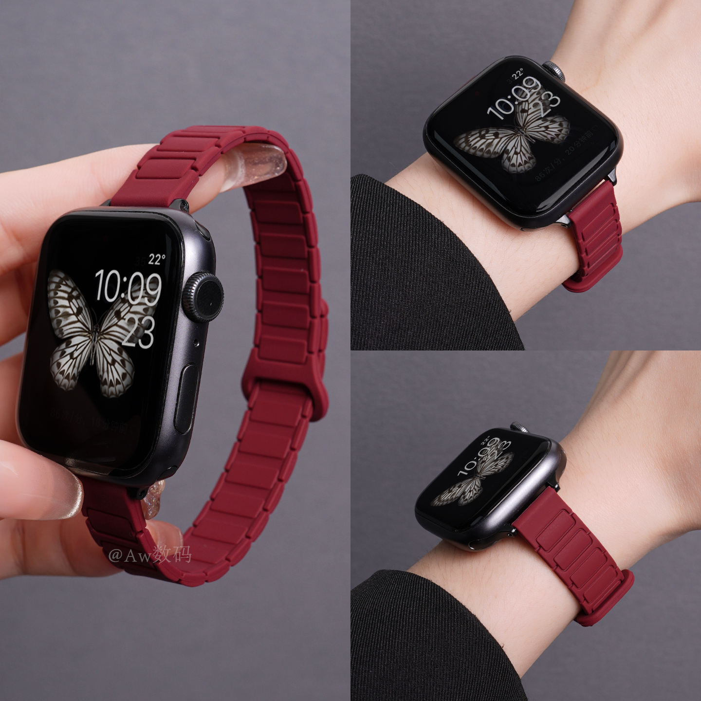 张婧仪同款适用苹果手表iwatchs10表带磁吸硅胶applewatchs9小香风夏天酒红色腕带s8女款s7小众s6高级5运动se