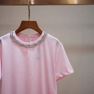 粉色风法式 上衣钉珠重工M新款 女家T恤甜美夏季 休闲水钻圆领短袖