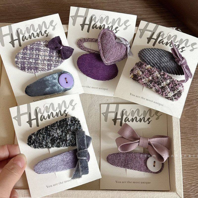 紫色刘海bb布艺紫爱心蝴蝶结系韩国发饰侧边夹儿童发夹鸭葡萄头饰