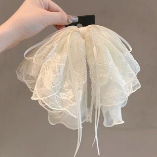 刺绣法式后脑勺马尾新款子轻奢蕾丝蝴蝶结水晶鲨高级感抓夹盘发夹