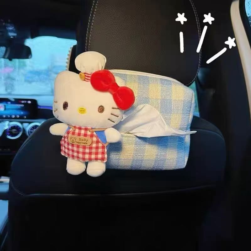 可爱厨师KITTY格子奶油蓝车载纸巾盒ins风悬挂收纳车用抽纸盒网红