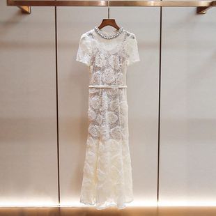 洋气夏季 连衣裙高级感刺绣时髦圆领SP中蕾丝 新款 女家镶钻重工长款