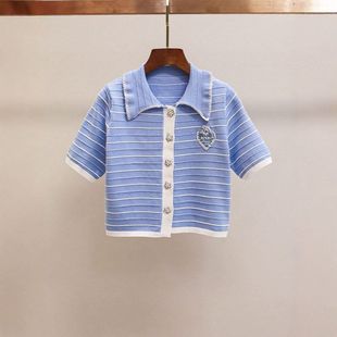 24学院风刺绣清新甜美上衣衣莉 条纹短袖 翻领新款 针织衫 夏季