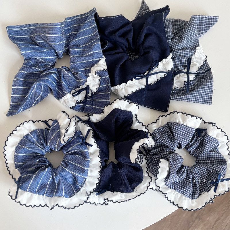 新款格纹青蓝色发圈肠圈系马尾