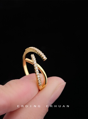 微镶锆石镀真金保色交叉时尚通勤高级感开口可调节戒指食指戒工厂