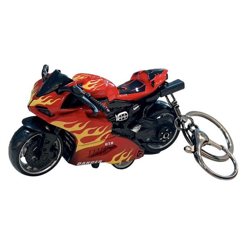 火焰摩托车玩具钥匙扣男孩合金机车模型挂件回力惯性汽车钥匙链