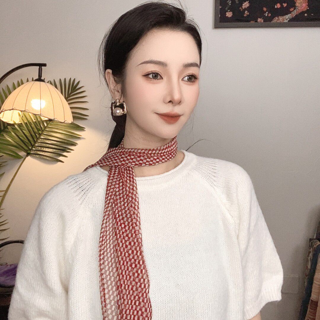 红色方格乔其莎丝巾头巾飘带女