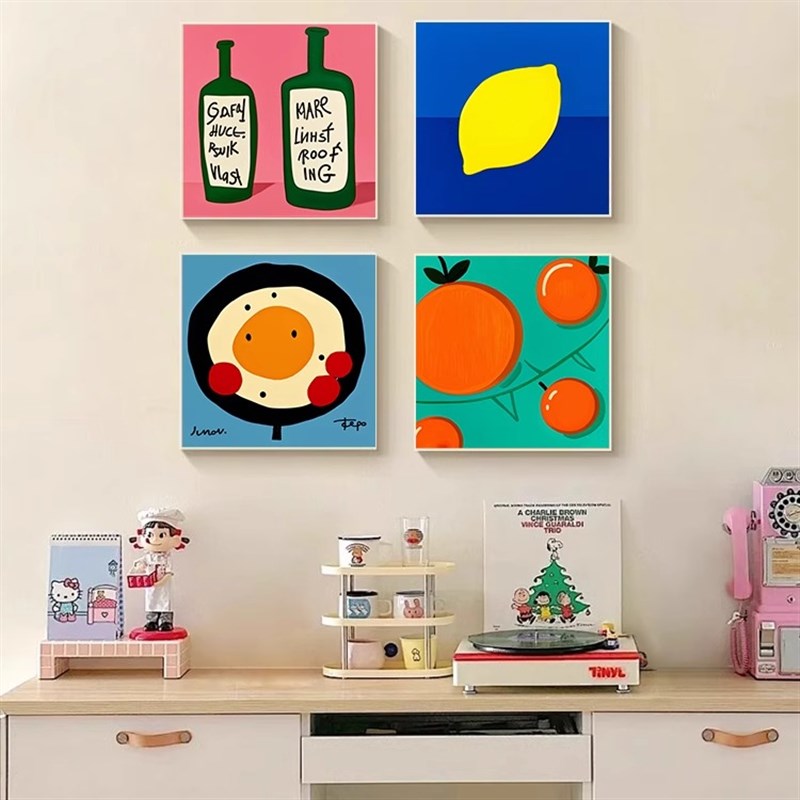 多巴胺餐厅装饰画卡通趣味水果客厅挂画ins风餐桌背景墙组合壁画图片
