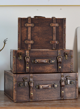 欧式复古手提箱储物木箱子衣服收纳箱老式皮箱旅行摄影道具整理箱