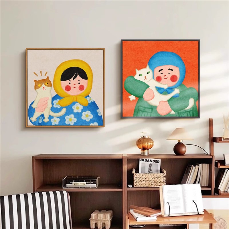 客厅沙发背景墙简单装饰画猫卧室床边横挂画多巴胺可爱的卡通壁画图片
