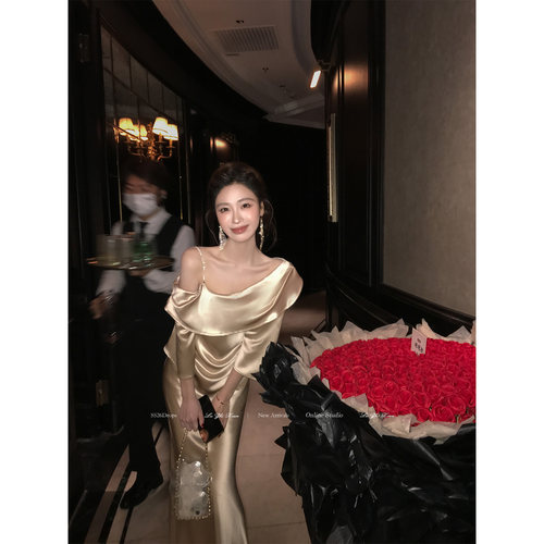 刘智贤【玉阶流光】香槟金高级感鱼尾连衣裙宴会晚礼服订婚礼服裙