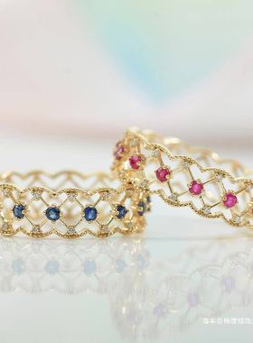 抖音快手淘宝直播复古蕾丝戒指 镶仿天然祖母绿红蓝宝石女戒