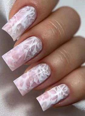 北极冰川白色裂纹美甲冷清感欧方形少女美甲片假指甲穿戴甲nails