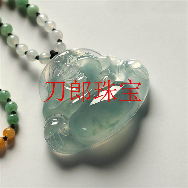 缅甸冰种冰透油青飘花翡翠色玉佛吊坠弥勒佛守护神挂件项链女男款