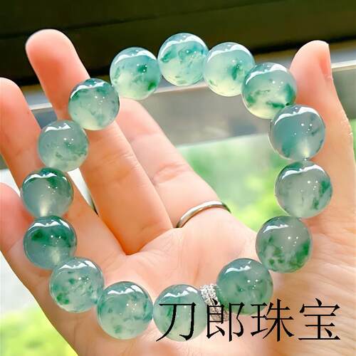 冰种飘花翡翠手串缅甸高端玉石玻璃种飘绿色花翡翠圆珠串手链女款