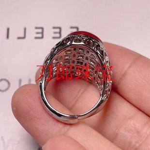 南红玛瑙戒指鸡血红满色满肉银镶嵌柿子红蛋面男士戒指复古高级感