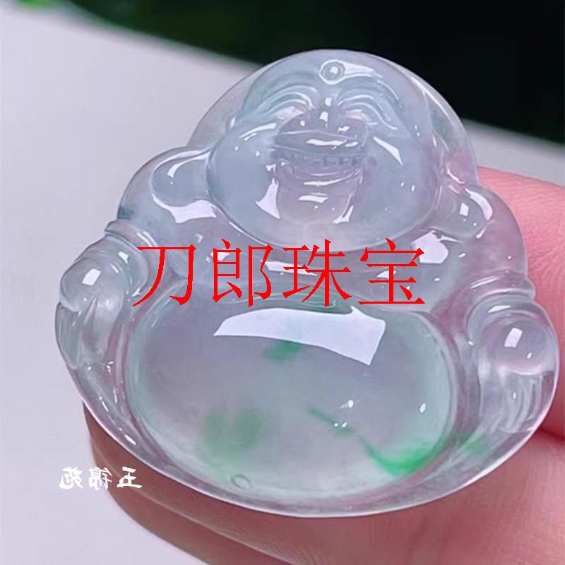 高冰种白冰飘绿花翡翠色佛公吊坠