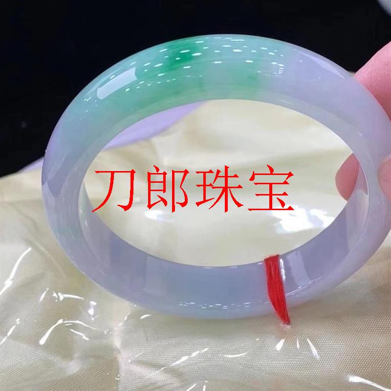 春带彩翡翠玉手镯冰糯种紫色飘绿花玉镯子多彩玉石紫罗兰正圈手镯