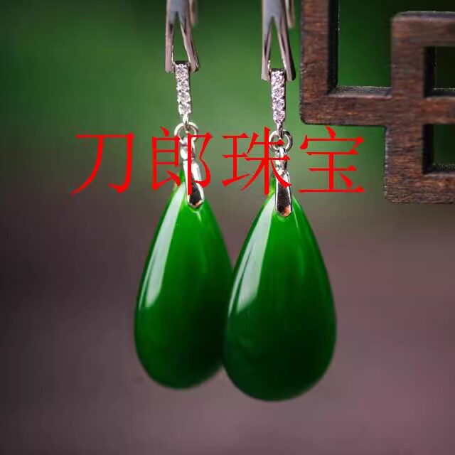 和田玉耳环高级感银饰镶嵌耳饰菠菜绿碧玉水滴型耳坠气质女款饰品