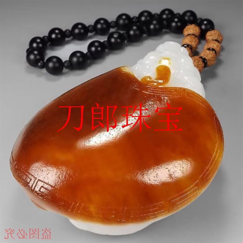 羊脂玉雕刻龙龟寿手把件大红皮挂