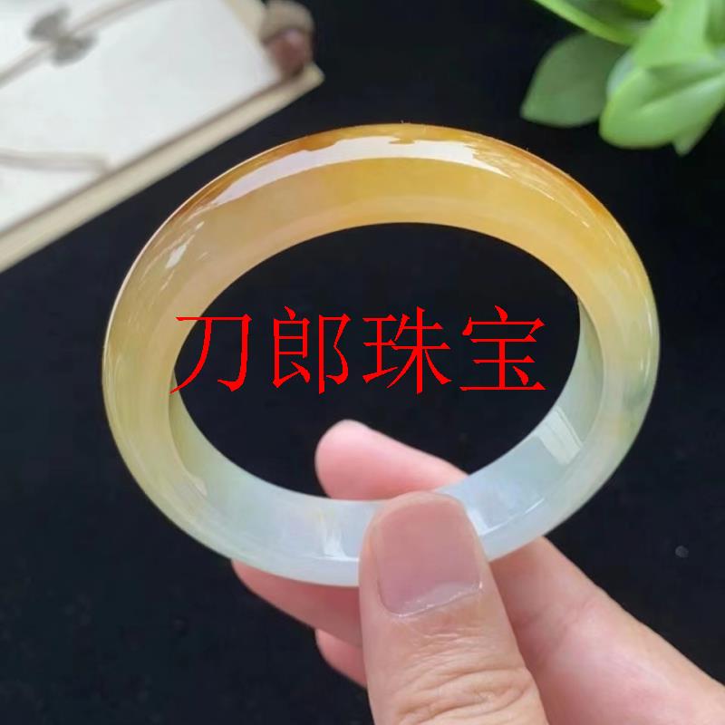 黄翡色半山半水手镯女缅甸精选白底飘花正圈水润冰糯种玉手镯送礼