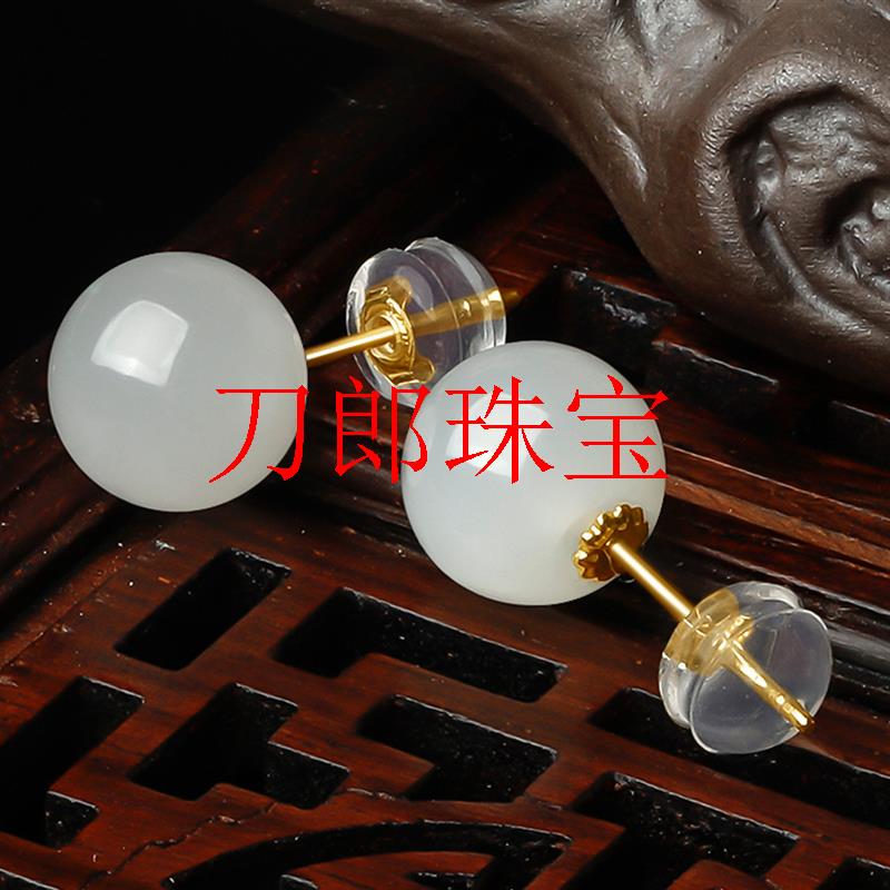 高端精品和田玉羊脂白玉耳钉玫瑰金耳环女士礼物高级气质耳饰送礼