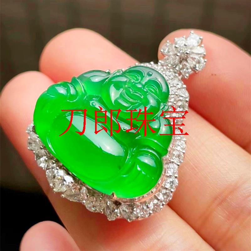 危地马拉帝王绿翡翠色玉佛吊坠女款冰种满阳绿飘花弥勒佛观音挂件