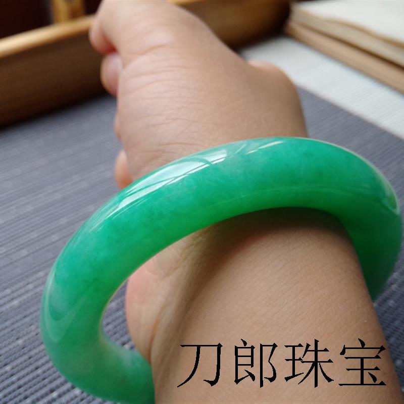 缅甸翡翠色阳绿手镯冰糯种满绿圆条玉镯子高端正阳绿镯子玉石精品