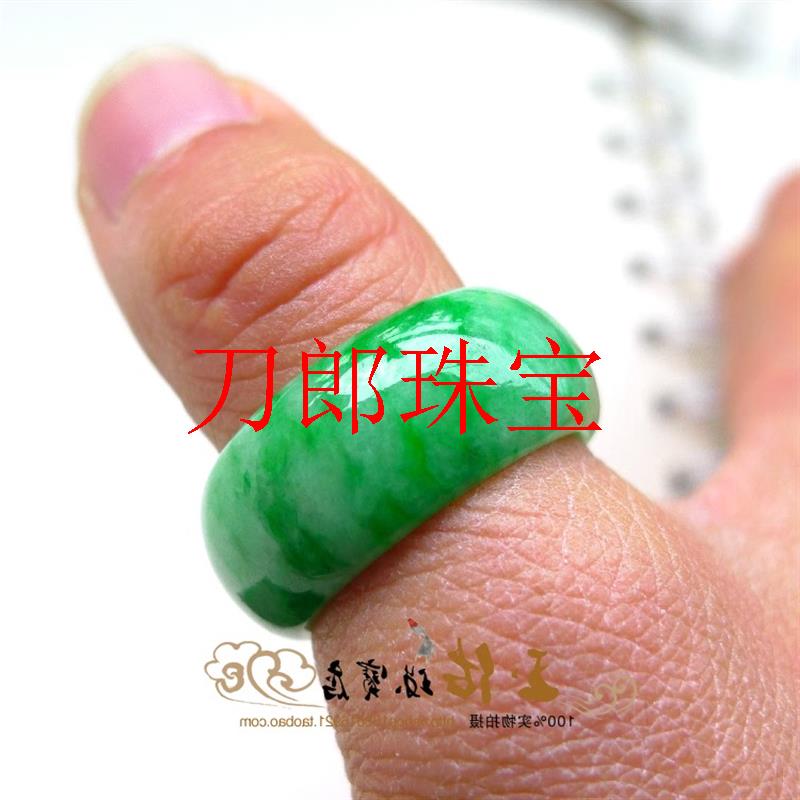 缅甸翡翠色阳绿飘花戒指老坑满绿冰糯种玉扳指男女款指环素面尾戒