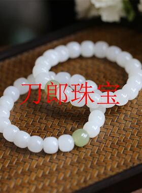 新疆和田青玉手链女款复古老型珠子搭配晴水料单圈羊脂玉桶珠手串
