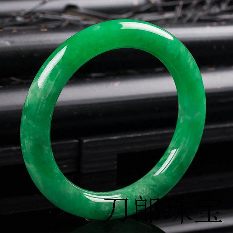 缅甸老坑帝王绿翡翠色手镯冰糯种满绿圆条手镯少女款手镯精品百搭