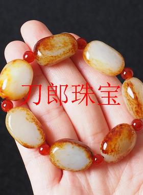 新疆和田玉红白籽玉手链籽料原石红沁皮手串男女同款精挑玉石饰品