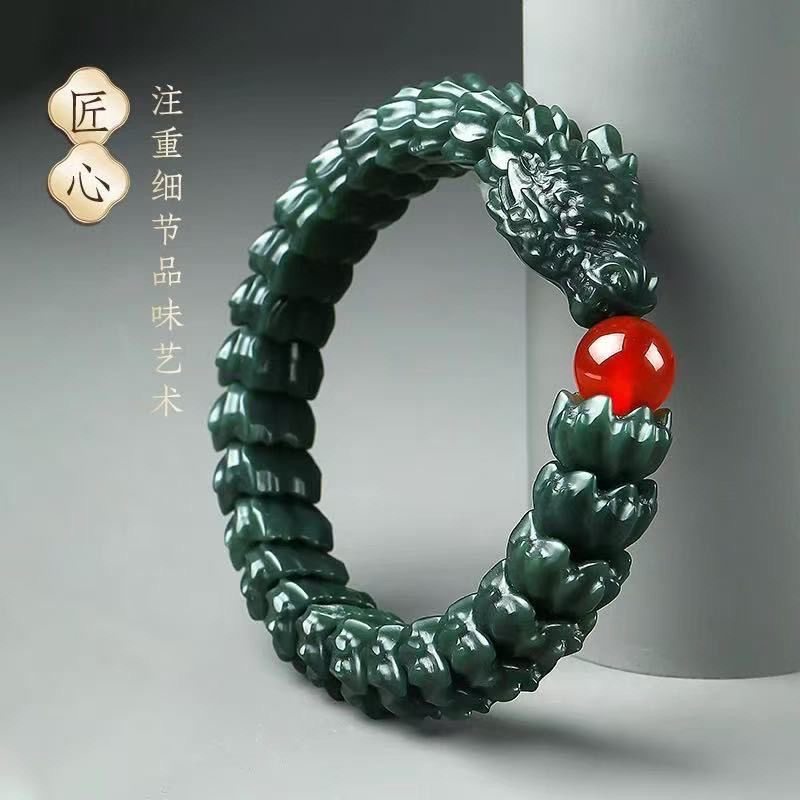 新疆天然正品和田玉龙骨青玉盘龙手链男款手饰玉石手串大气霸气