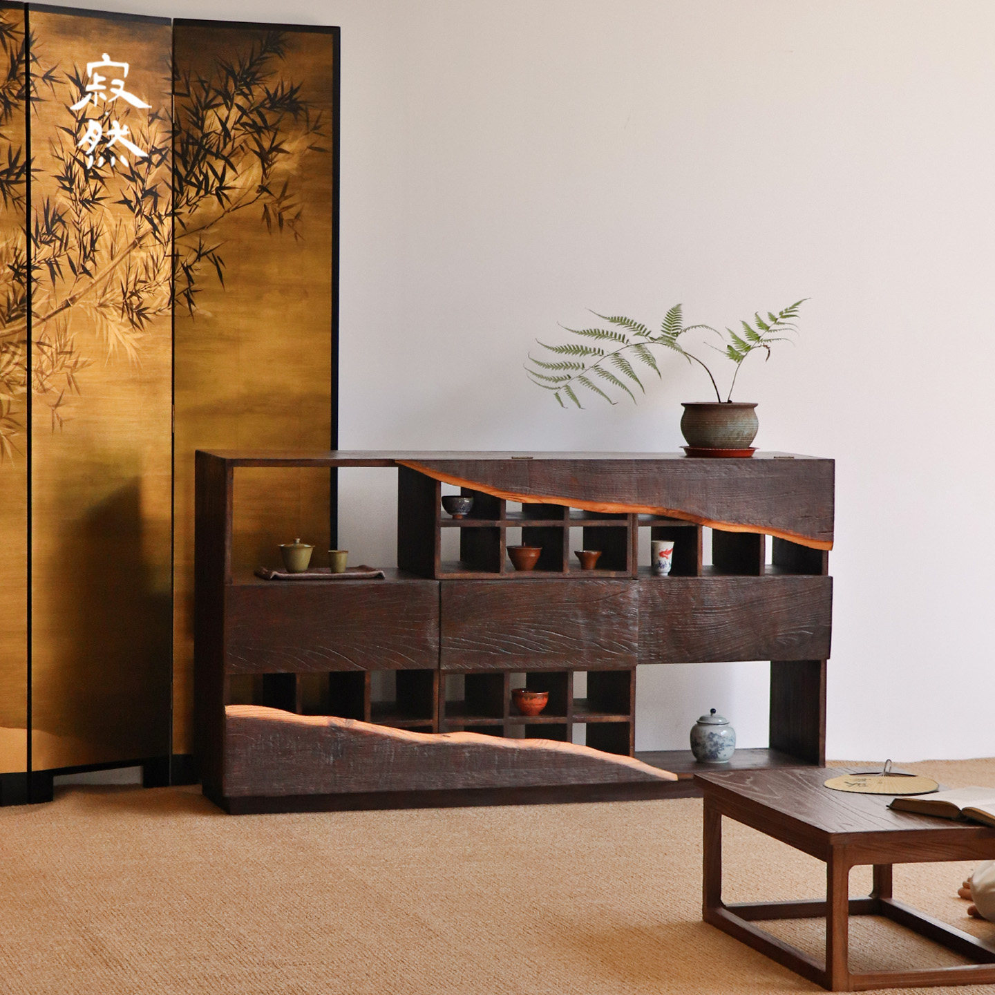 寂然 |侘寂风落地博古架实木边柜展示柜宋式美学茶室多宝格茶杯架