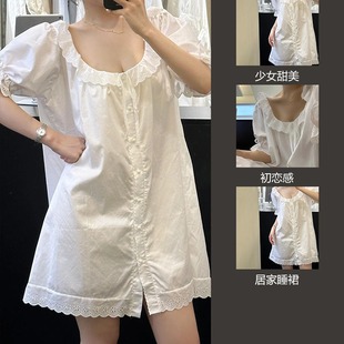 睡裙家居服连衣裙可外穿 甜美花边短袖 睡衣女夏季 新款 白色大码
