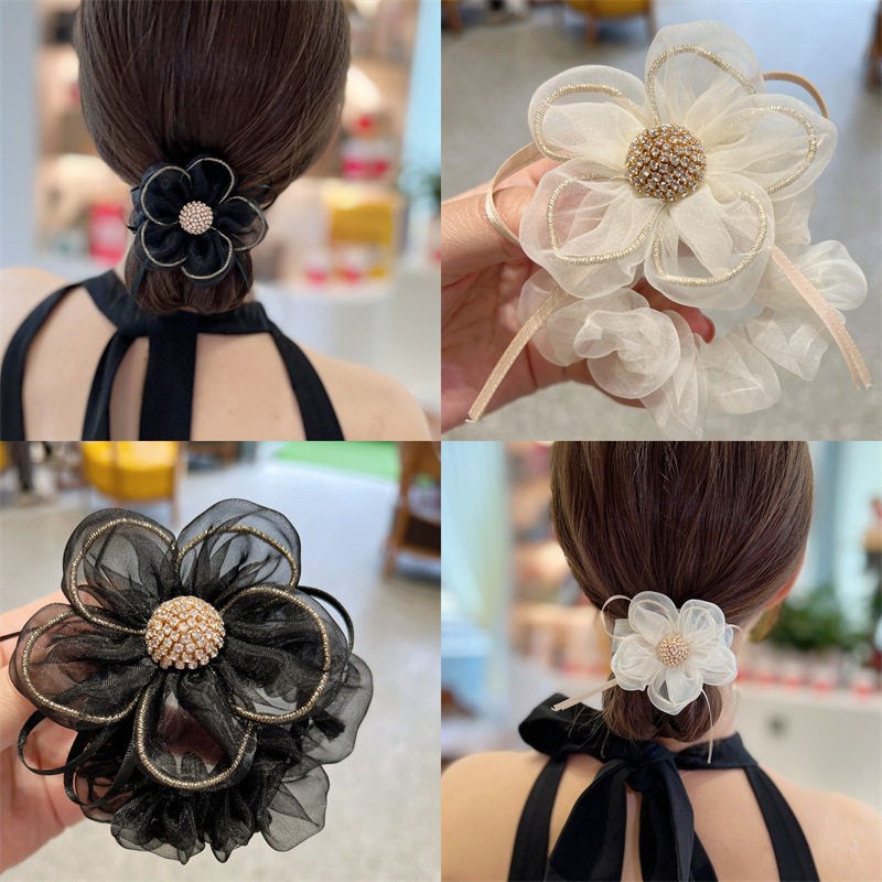 新款网红花朵发绳女绑发扎头发钻球发带发圈盘发马尾皮筋气质发饰