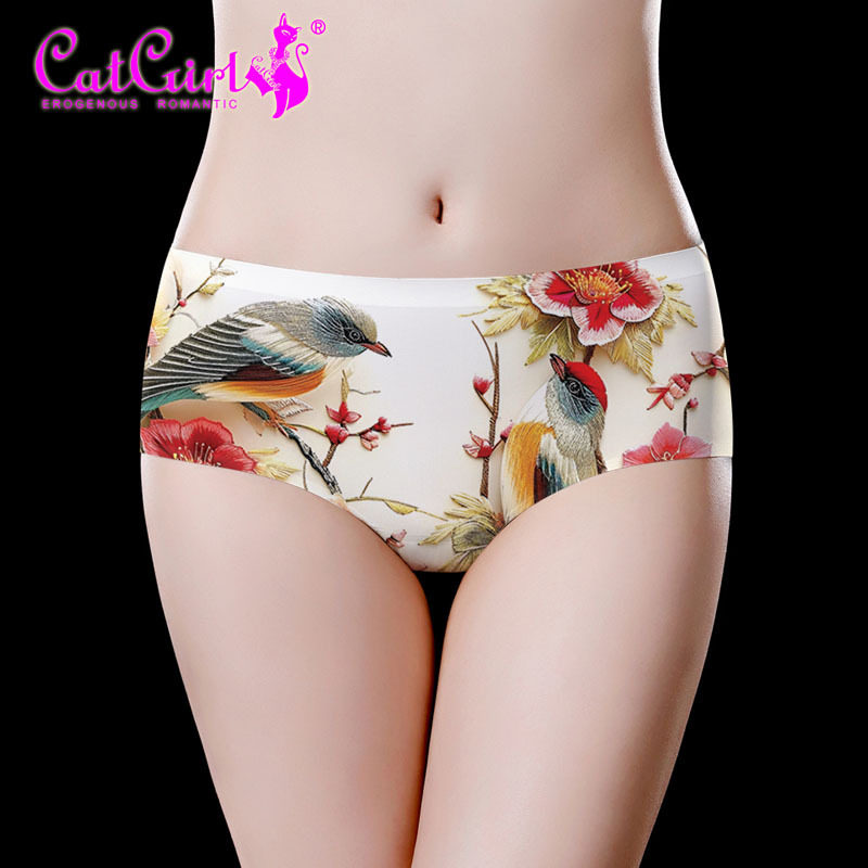 catgirl日系冰丝无痕印花女内裤中腰可爱甜美女生三角裤透气裸感