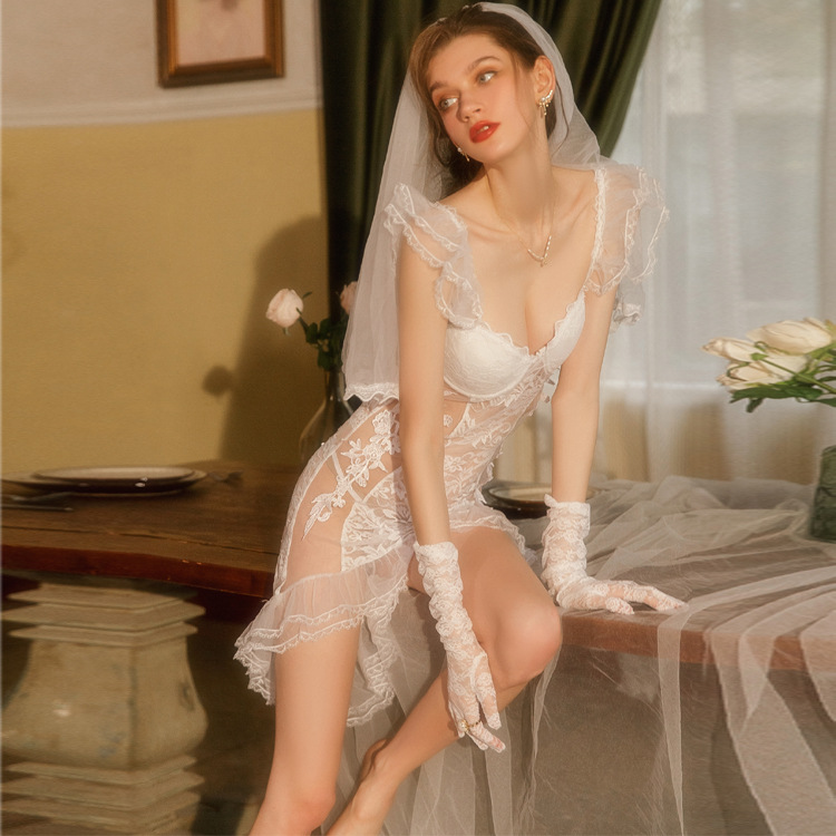 情趣婚纱睡衣女 欧美芭蕾风性感蕾丝网纱透视内衣睡裙连衣裙伪娘