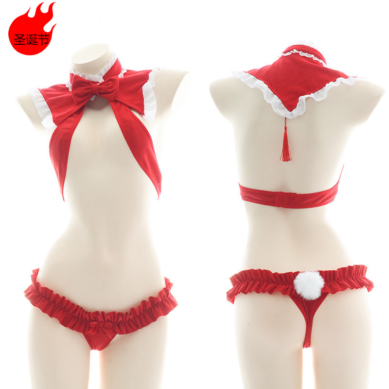 圣诞性感挂脖三点式内衣纯欲套装